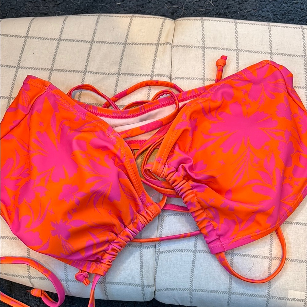 Vibrant Orange and Pink Floral Bikini Top